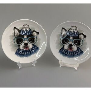 Set Of‎ 2 Smart Winter French Bull Dog 8.75" Ceramic Salad Plate by Kirklands